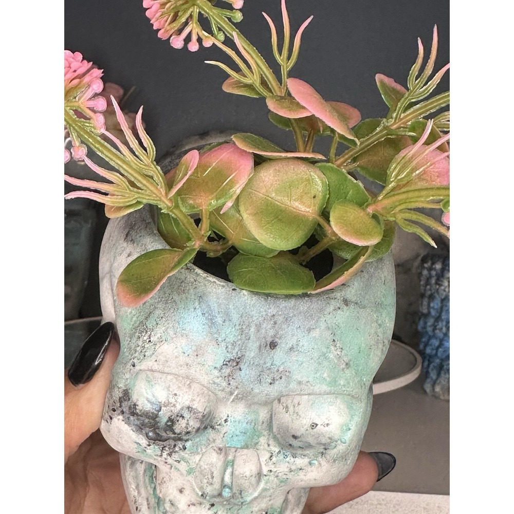 Skull Concrete Plant Pot Black Green Handmade Cement Succulent Planter - Picture 4 of 10